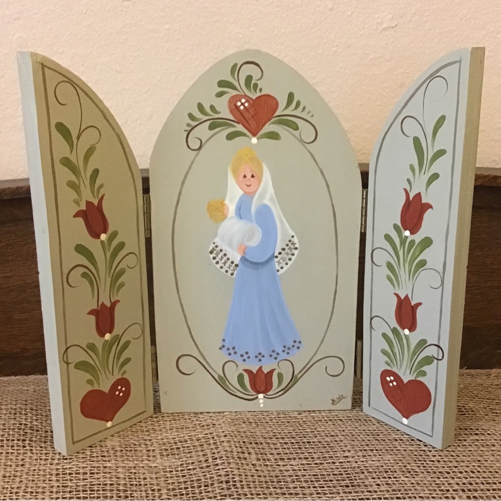 Hand painted Madonna and child wooden alter shrine